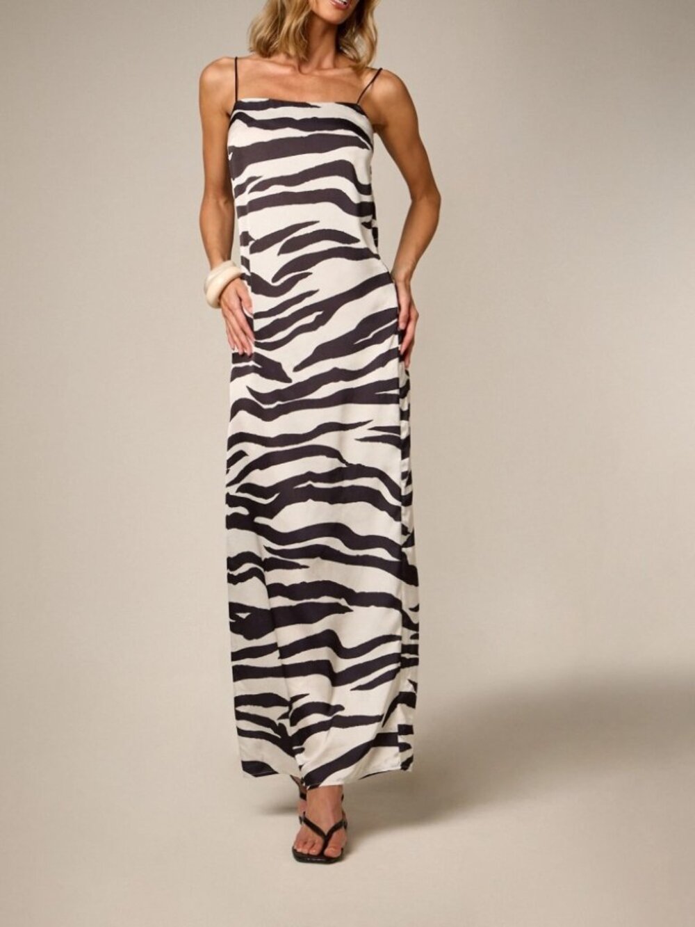 Ivory & Black Zebra Print Maxi Slip Dress with Straight Neckline